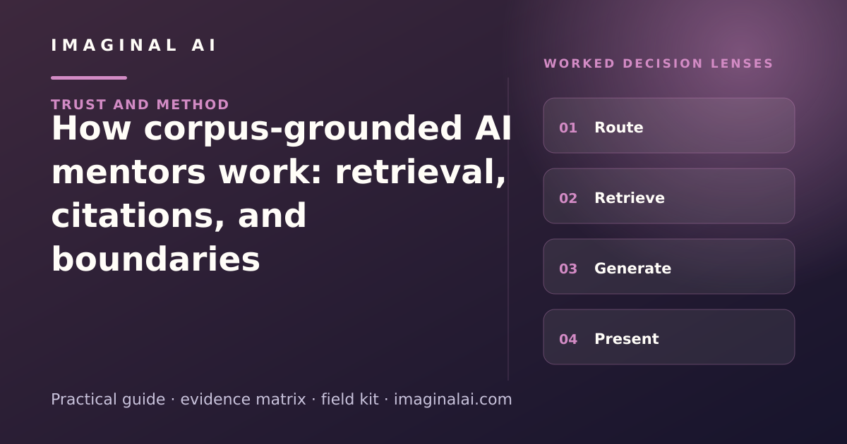 How corpus-grounded AI mentors work: retrieval, citations, and boundaries framework map: Route, Retrieve, Generate, Present