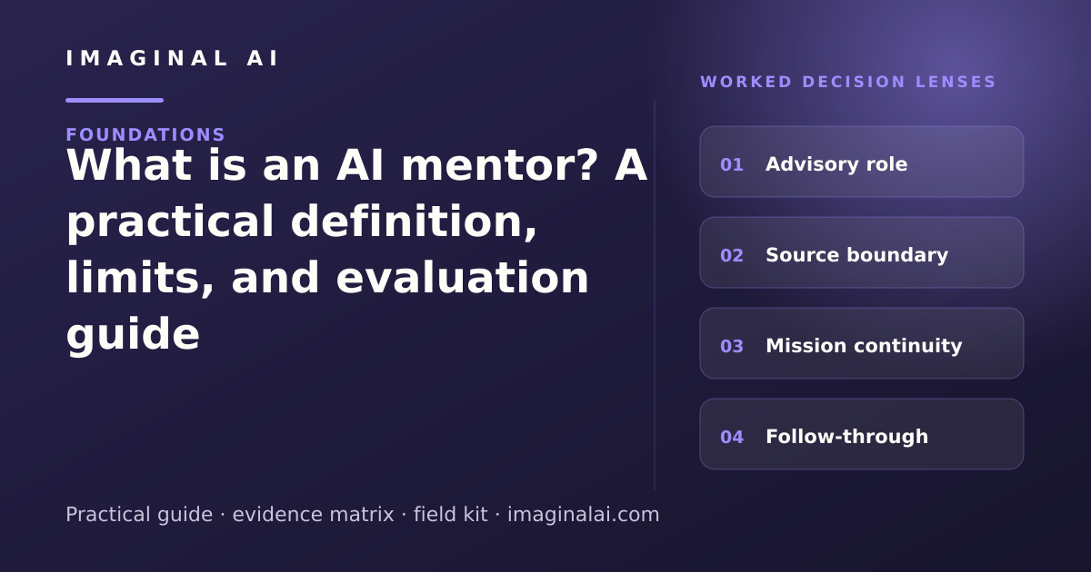 What is an AI mentor? A practical definition, limits, and evaluation guide framework map: Advisory role, Source boundary, Mission continuity, Follow-through